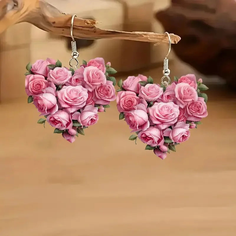 Rose Bloom Heart Hook Earrings