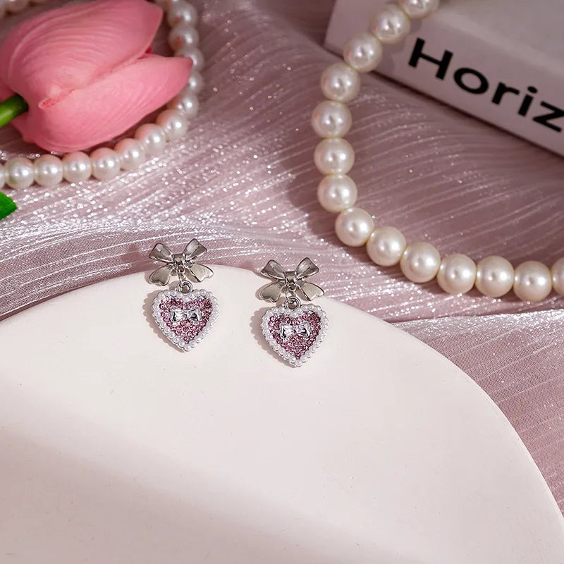 Sparkling Heart Bow Charm Earrings