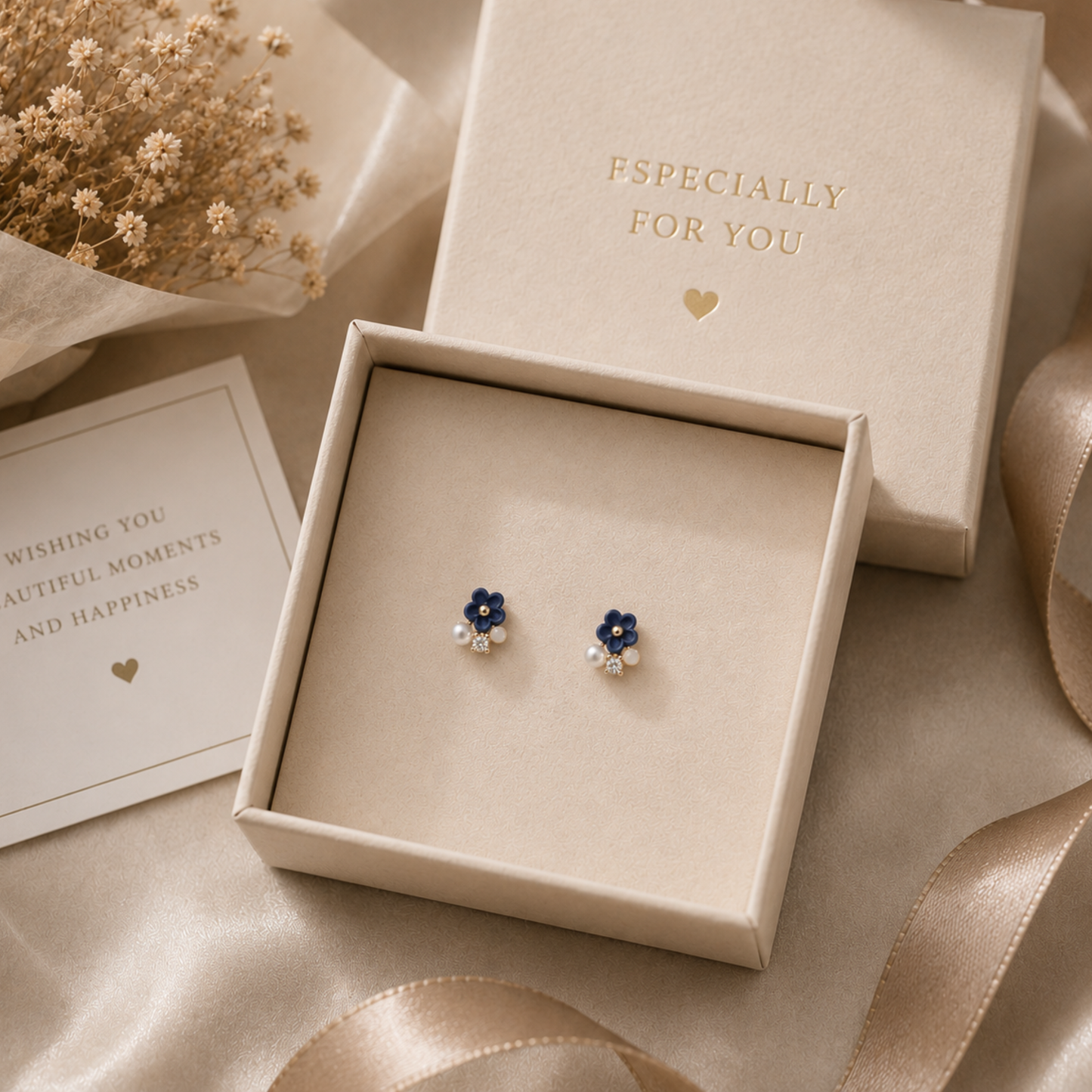 Navy Blue Floral Stud Earrings