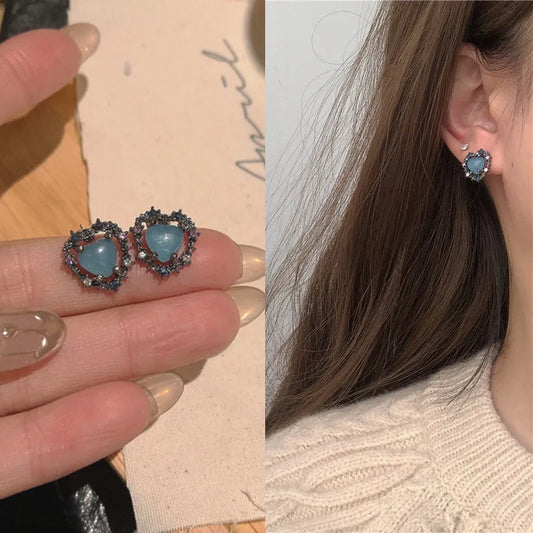 Blue Crystal Heart  Studs