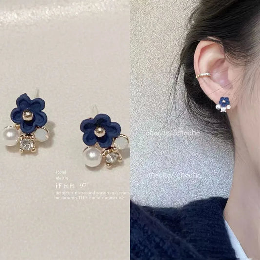 Navy Blue Floral Stud  Earrings