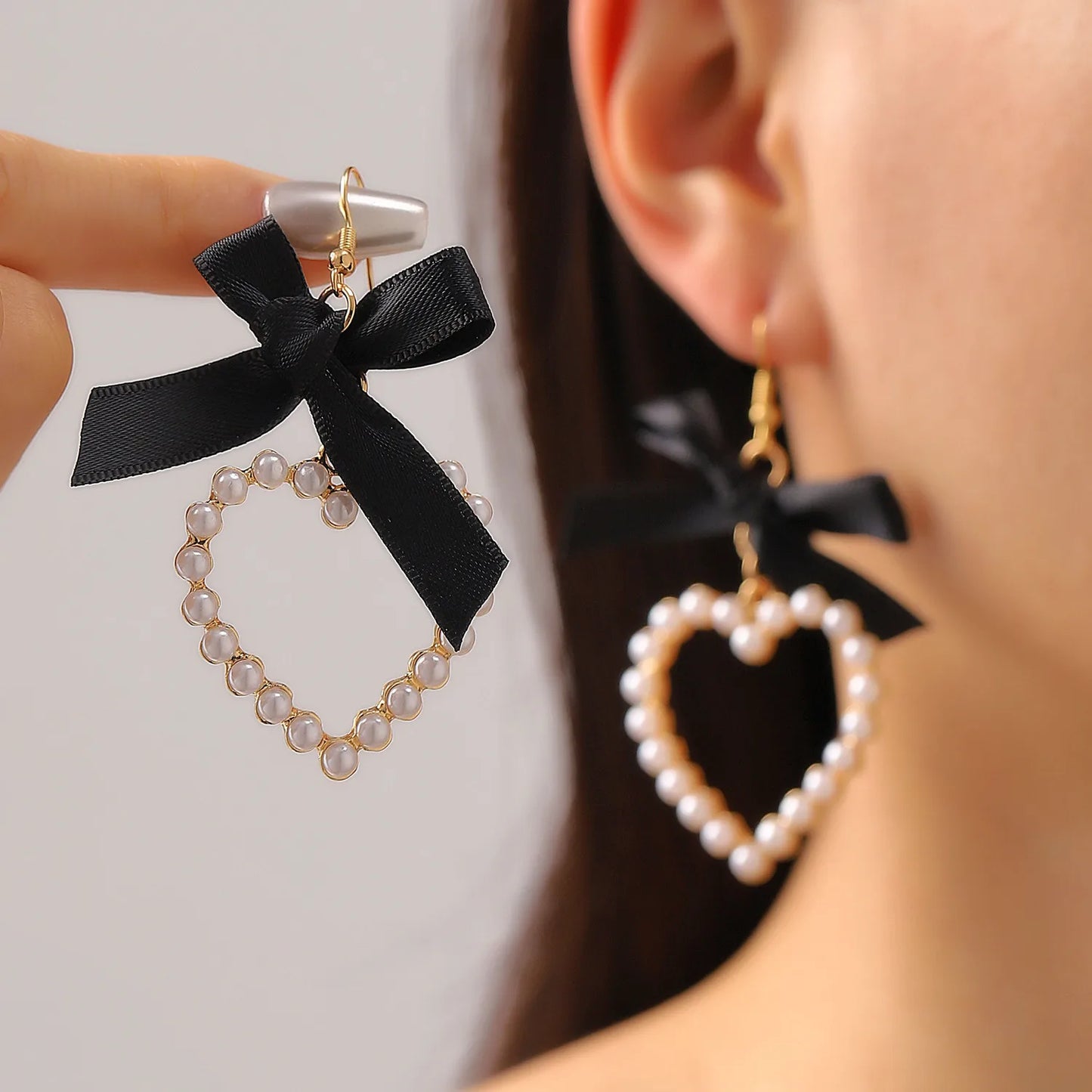 Pearl Heart Bow Dangles