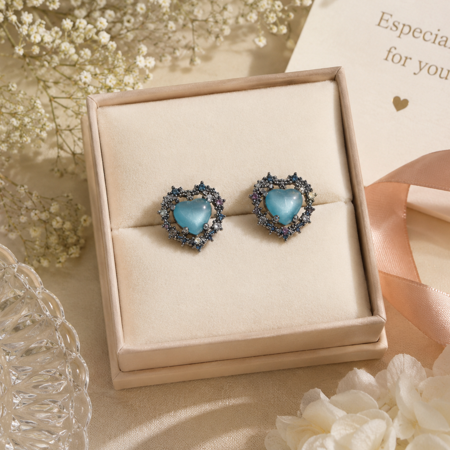 Blue Crystal Heart  Studs