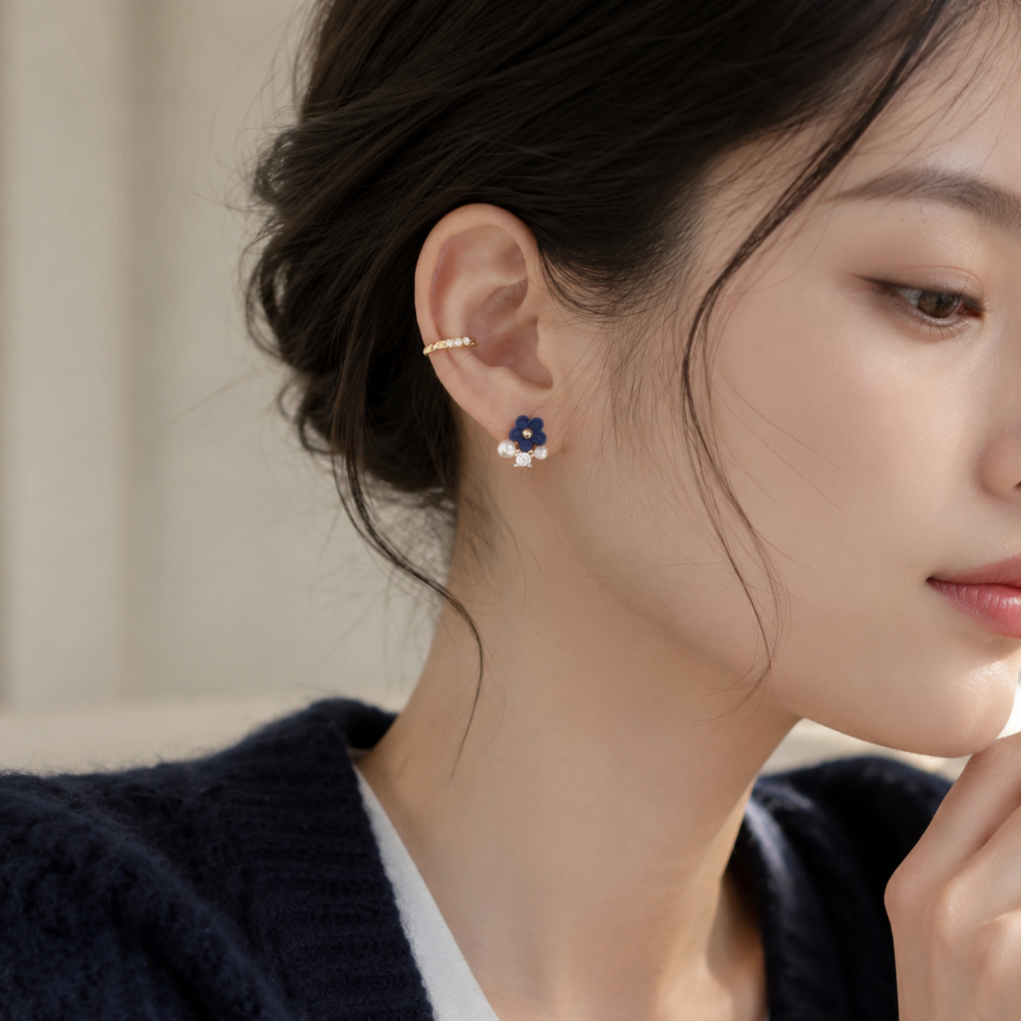 Navy Blue Floral Stud  Earrings