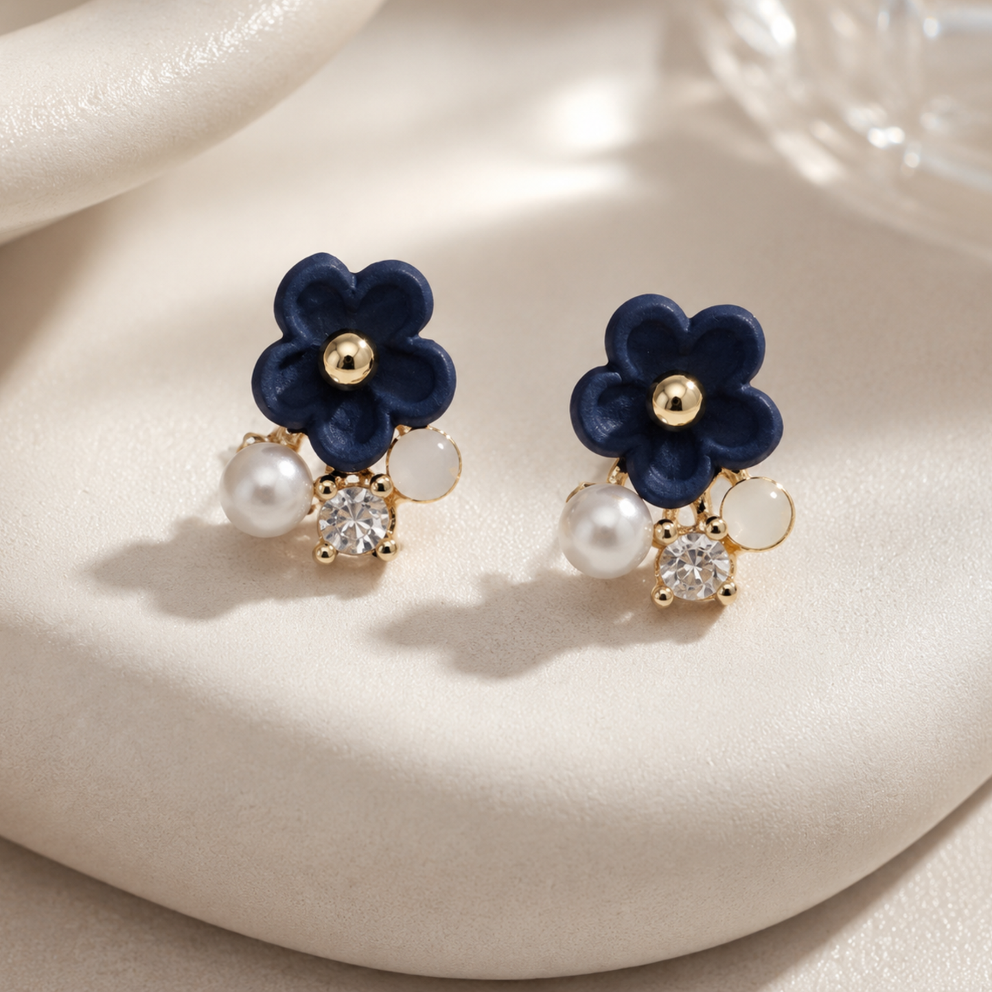 Navy Blue Floral Stud  Earrings