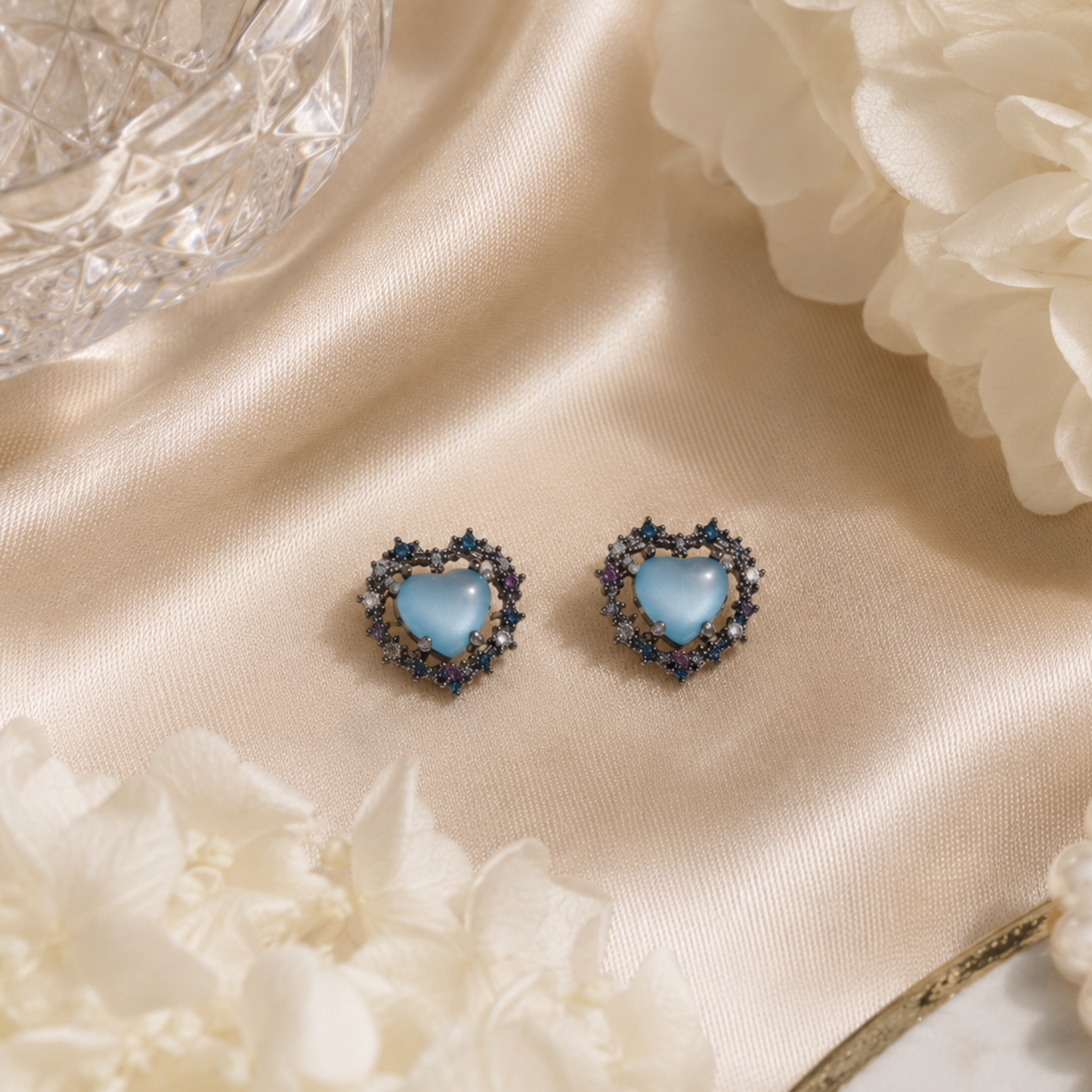 Blue Crystal Heart  Studs