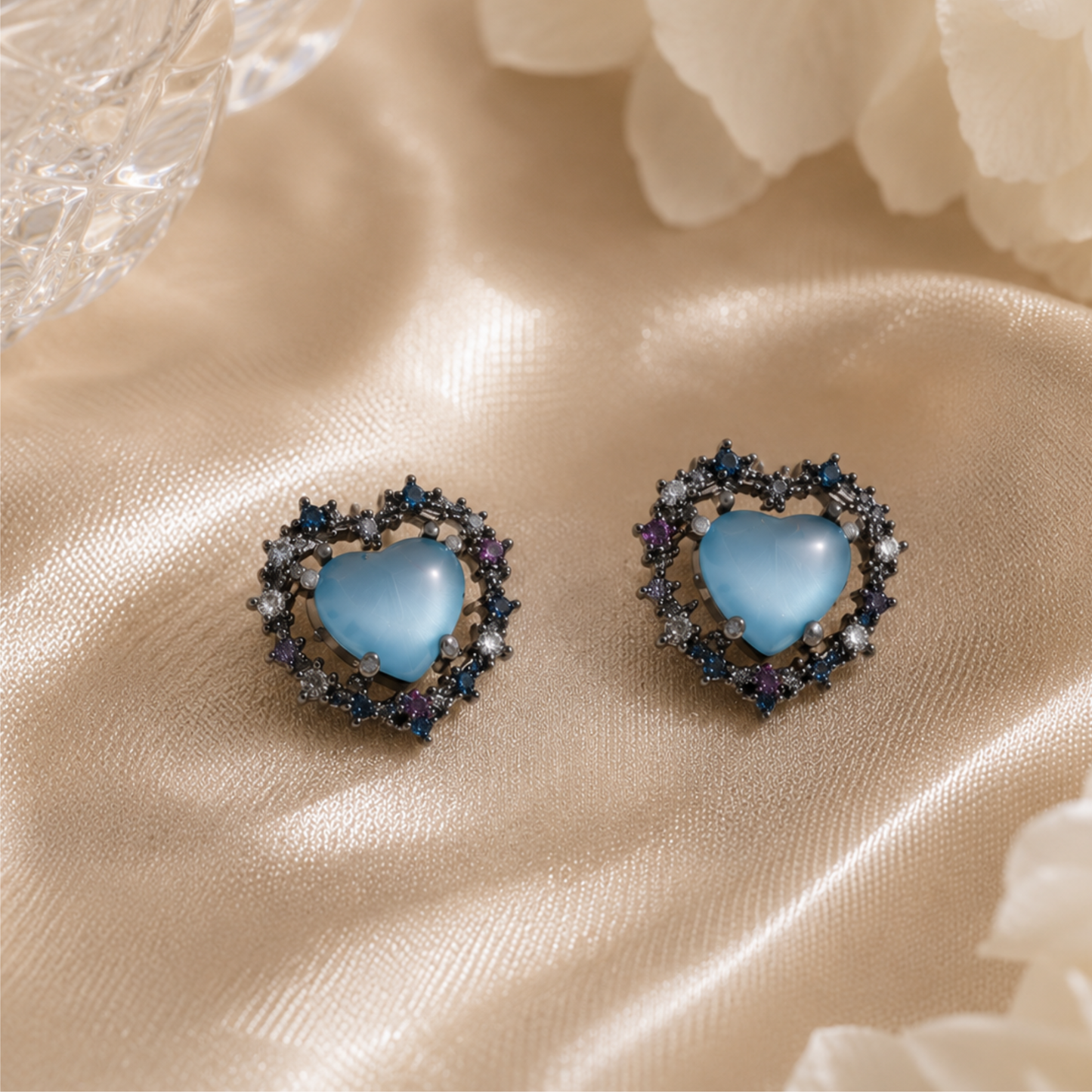 Blue Crystal Heart  Studs